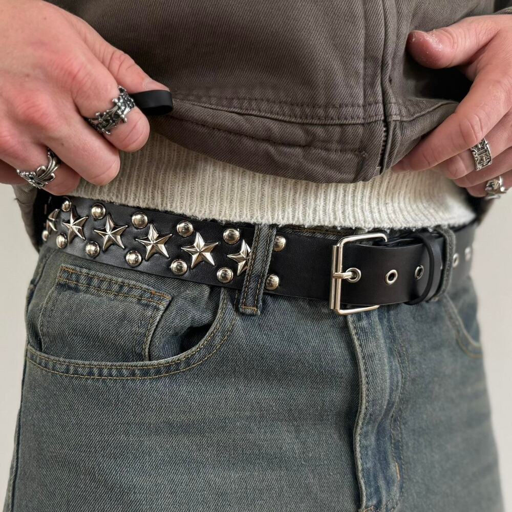 Y2K Black Silver Star Studded Belt Unisex Goth Emo Style 44" Long - Picture 14 of 16